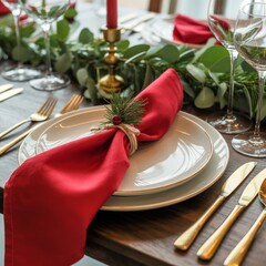 Elegant Holiday Table Setting: Festive Red Napkin, Gold Cutlery,
