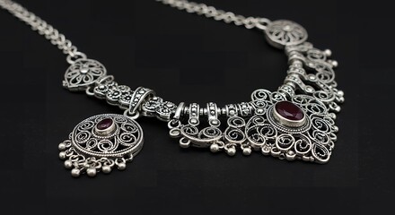 Exquisite Silver Filigree Necklace with Red Gemstones on Dark Background.
