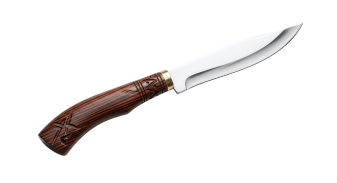 Hunting knife with wooden handle isolated on transparent background is a versatile tool for outdoor activities and survival situations