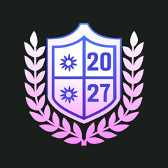 Blue and pink shield with laurel wreath and numbers 2027