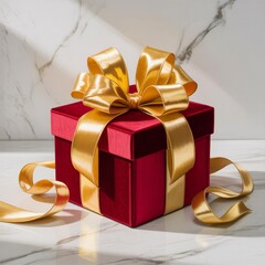 Elegant Red Gift Box with Golden Bow on White Marble Background,