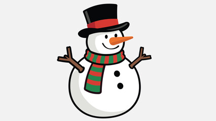 Snowman Illustration with Top Hat and Scarf – Winter Christmas Cartoon Vector.