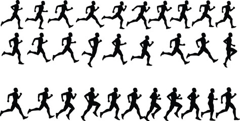 Running animation silhouette sequence showing athletic male runner motion cycle for fitness training, movement study, sports action reference, cad drawing flat vector illustration