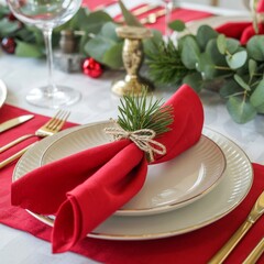 Festive Christmas Table Setting with Red Napkin, Pine Needle Acc