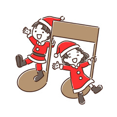 サンタクロース姿で音符に乗って手を振っている男の子と女の子