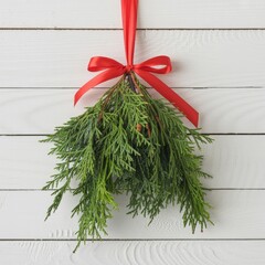 Festive Holiday Cedar Branch Decoration with Red Bow on Rustic W