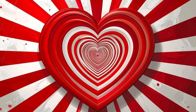 A vibrant, concentric heart design radiates against a striped, radial background, with a striking red and white color scheme