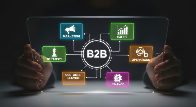 B2B Business concept displayed on a transparent digital tablet screen.