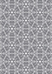 Symmetrical pattern of floral and geometric shapes creates a seamless design. Black shapes are set against a white background to create contrast.
