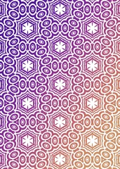 A complex kaleidoscope pattern shows rounded abstract figures and star shapes. The background exhibits a gradient of colors, transitioning from purple to orange.
