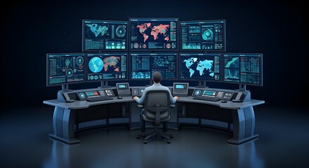 Technical Operator Monitoring Large Screen Dashboard in Dark Futuristic Control Room