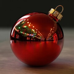 Glossy Red Christmas Ornament Reflecting Dazzling Holiday Lights