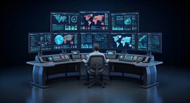 Technical Operator Monitoring Large Screen Dashboard in Dark Futuristic Control Room