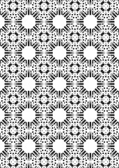 A repeating pattern comprised of abstract, symmetrical shapes. Circles and sharp lines combine to create an elaborate and eye-catching visual texture.