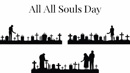 Remembering loved ones on All Souls Day with somber silhouettes in cemetery scene, a time for reflection