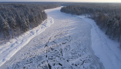 Wintry aerial landscape: a long frozen river with broken ice floes winding through a dense snow-covered forest.