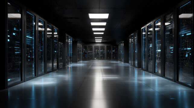 Dark blue and black interior server room with rows of servers and illuminated panels, creating high tech atmosphere