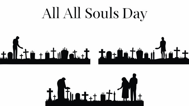Remembering loved ones on All Souls Day with somber silhouettes in cemetery scene, a time for reflection