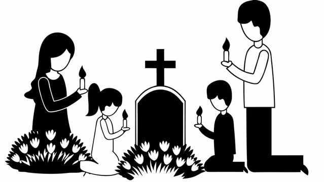 Family remembers loved one at grave site with candles and flowers, a moment of remembrance and love