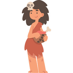 Cavewoman Character With Skull Hair Accessory Holding Basket Of Food And Bone On Transparent Background