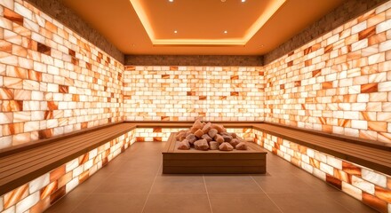 A warm, glowing salt therapy room with internally lit salt-brick walls, wooden benches, and a central platform of illuminated salt rocks. Calm, spa-like, serene atmosphere with soft diffused light.