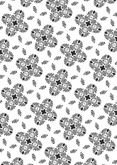 A repeating pattern showcases stylized, dark, floral star shapes with geometric lines and small leaf-like elements on a white background. This arrangement is a seamless and symmetrical design.