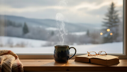 Warm steaming mug, open book, reading glasses, and cozy blanket on a wooden windowsill overlooking a snowy winter scene.