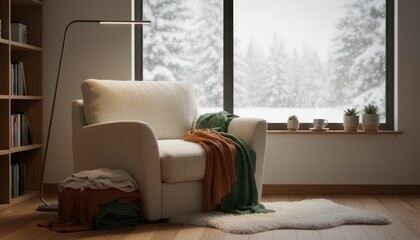 Cozy living room interior with an armchair, warm blankets, and a floor lamp, looking out at a snowy winter scene.
