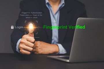 Businessman using fingerprint authentication for secure login.
