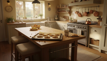 Warm and inviting home kitchen with fresh baked chocolate chip cookies on a wooden island countertop, steaming hot and ready to enjoy.