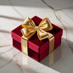 Luxurious Red Velvet Gift Box with Golden Ribbon and Bow on Eleg