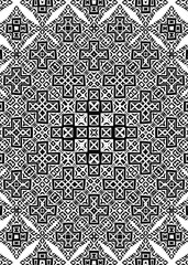 Abstract pattern in black and white features many different shapes that are intricately placed to create a symmetrical and repeating design.