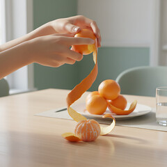 A person's hands delicately peeling a fresh, ripe tangerine at a sunlit wooden table, creating a long, elegant spiral of orange peel