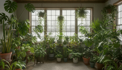Lush indoor plant collection thriving by a large window, contrasting with a snowy winter landscape