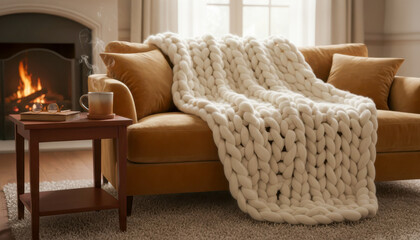 Cozy living room scene with a burning fireplace, chunky knit blanket on mustard couch, steaming mug, book and glasses.