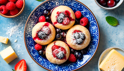 Sweet, soft pancakes topped with raspberries, blueberries, and powdered sugar on a decorative plate, offering a delicious dessert or breakfast