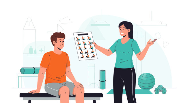 Woman showing exercises plan to a man, fitness training, workout illustration