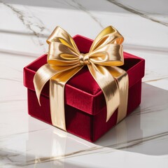 Luxurious Red Velvet Gift Box with Golden Bow on Marble Surface