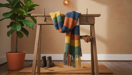 Cozy autumn entryway scene with colorful striped scarf, leather gloves, boots, and potted plant indoors.