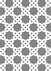Floral and geometric shapes are arranged in a repeating pattern. The black elements stand out against the white background, forming a seamless, decorative design.