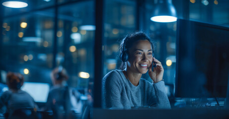 Female call center worker wearing headset is smiling while using computer in modern office environment. atmosphere is vibrant and engaging