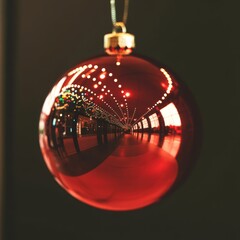 Red Christmas Ornament Reflecting a Brightly Lit Modern Corridor