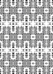 A detailed, symmetrical pattern uses alternating black and white to create a visually engaging composition. Abstract designs and geometric shapes repeat.