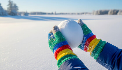 Child's gloved hands holding a perfect snowball against a pristine, sunlit winter landscape with clear blue sky
