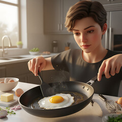 A woman expertly cooks a fresh sunny-side-up egg in a modern, sunlit kitchen, preparing a wholesome and delicious breakfast to start her day with healthy nutrition