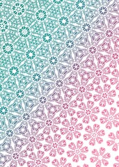 A kaleidoscopic pattern displays an array of stylized floral designs. The colors transition from green to purple to pink, creating a gradient effect over a white background.