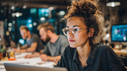 Young woman with glasses focuses on her laptop in modern office environment, surrounded by colleagues engaged in work