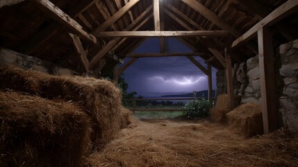 Rustic barn interior looking out at a dramatic lightning storm over water at night with hay bales inside
