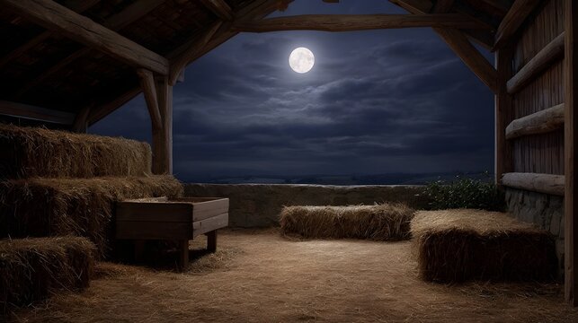 Rustic barn interior bathed in moonlight with hay bales and a wooden trough under a cloudy night sky - Powered by Adobe