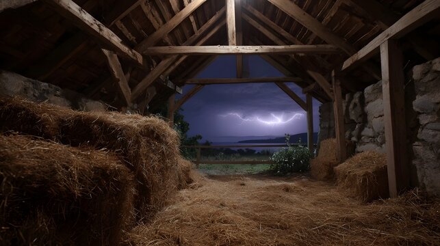 Rustic barn interior looking out at a dramatic lightning storm over water at night with hay bales inside